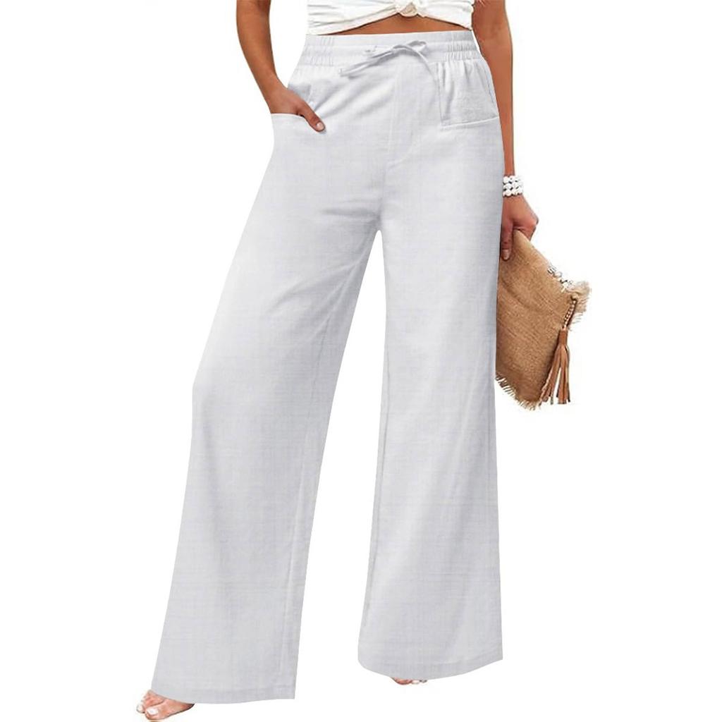 Women's Cotton And Linen Fashion Casual Pocket Drawstring Trousers