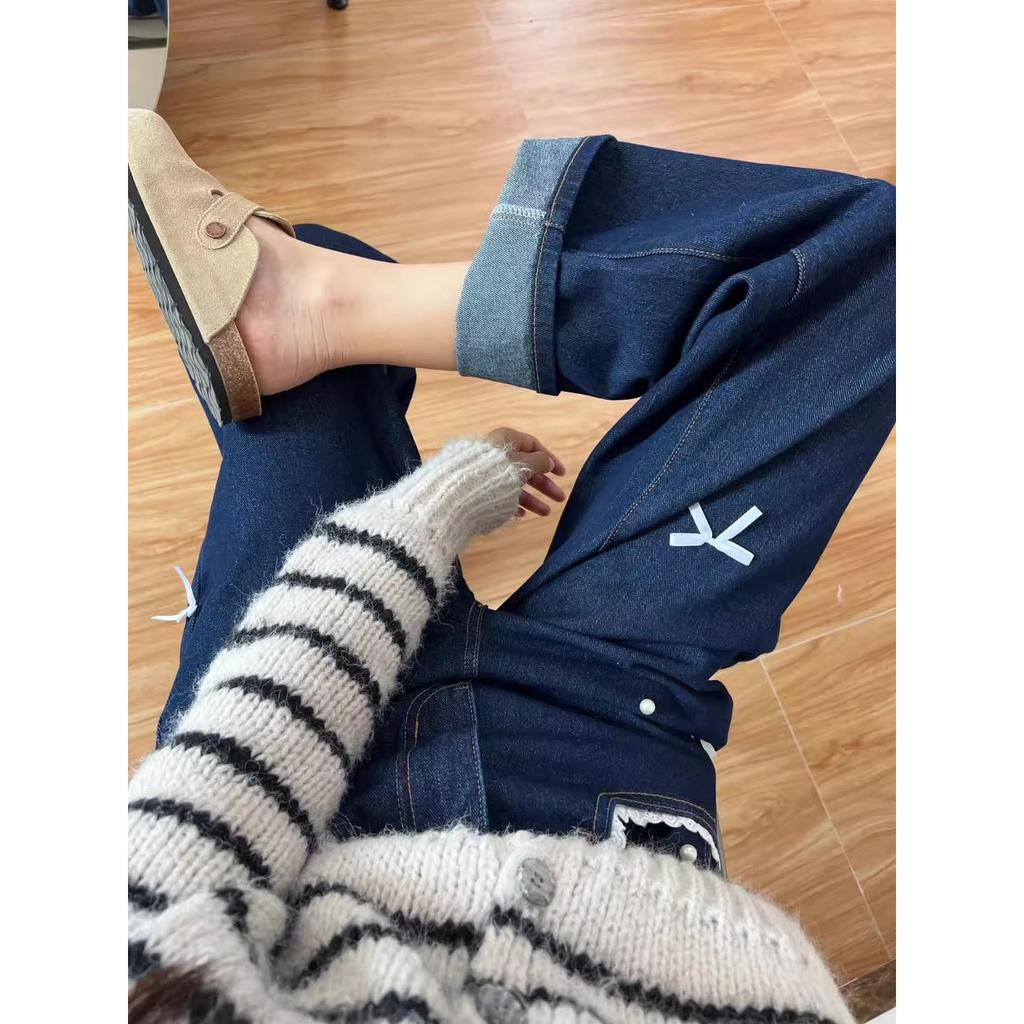 Retro Dark Blue Denim Pants for Women Spring Autumn Sweet Lace Bow Jeans Female American Style Straight Loose Wide Leg Pants
