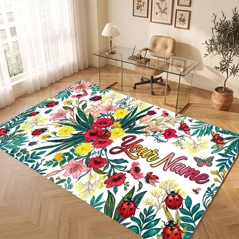 Floral Garden Theme Crystal Velvet Floor Rug Personalized Custom Name Text Warm Carpet Home Decoration