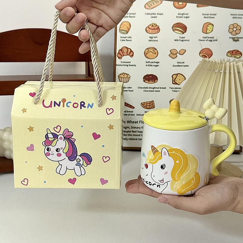 Cute Rainbow Unicorn Ceramic Mug with Lid Spoon Girl Heart Drink Water Cup Office Coffee Cup Gift