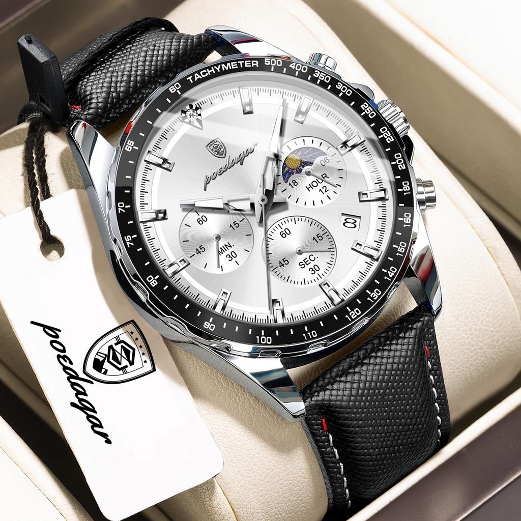 POEDAGAR Fashion Men's Watches High Quality Luminous Waterproof Male Wristwatch Leather Chronograph Date Sports Quartz Clock