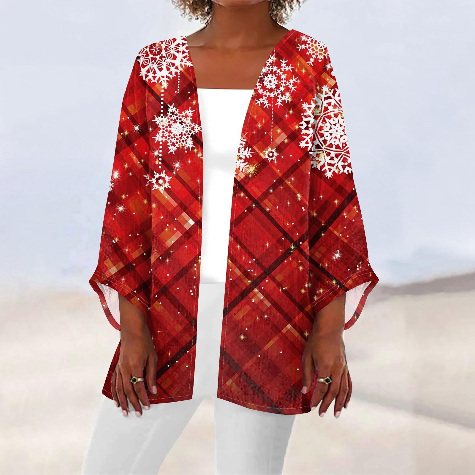 

Женская повседневная мода с рождественским принтом легкая куртка средней длины кардиган M красный