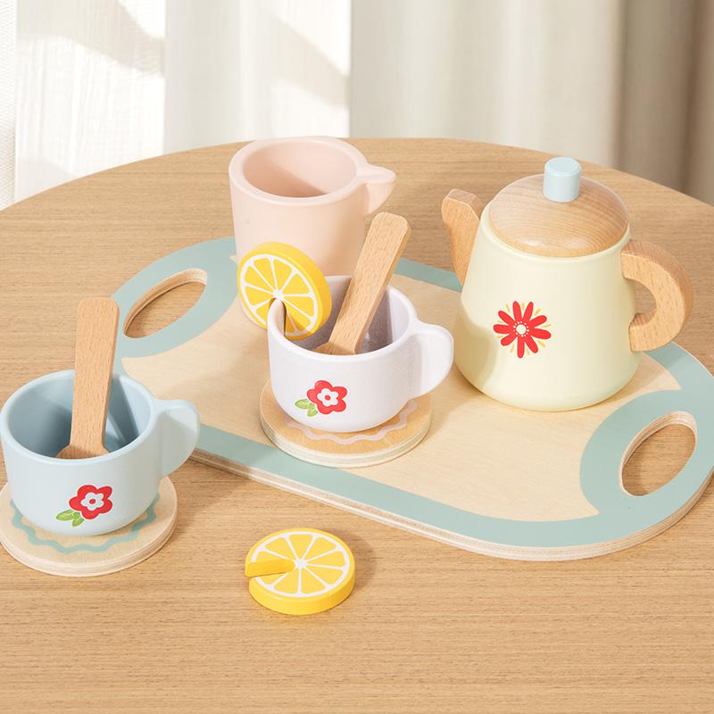 Kids Wooden Tea Set Play House Pretend Make Tea Play With Teapot Teacup Afternoon Snack Role Playing Toys Boys Girls Gift