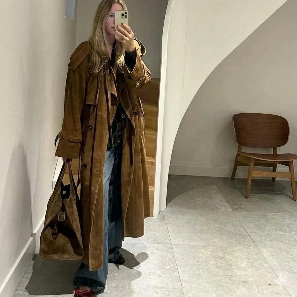 Women's Brown Handmade Trench Coat Party Genuine Casual Suede Lambskin Leather