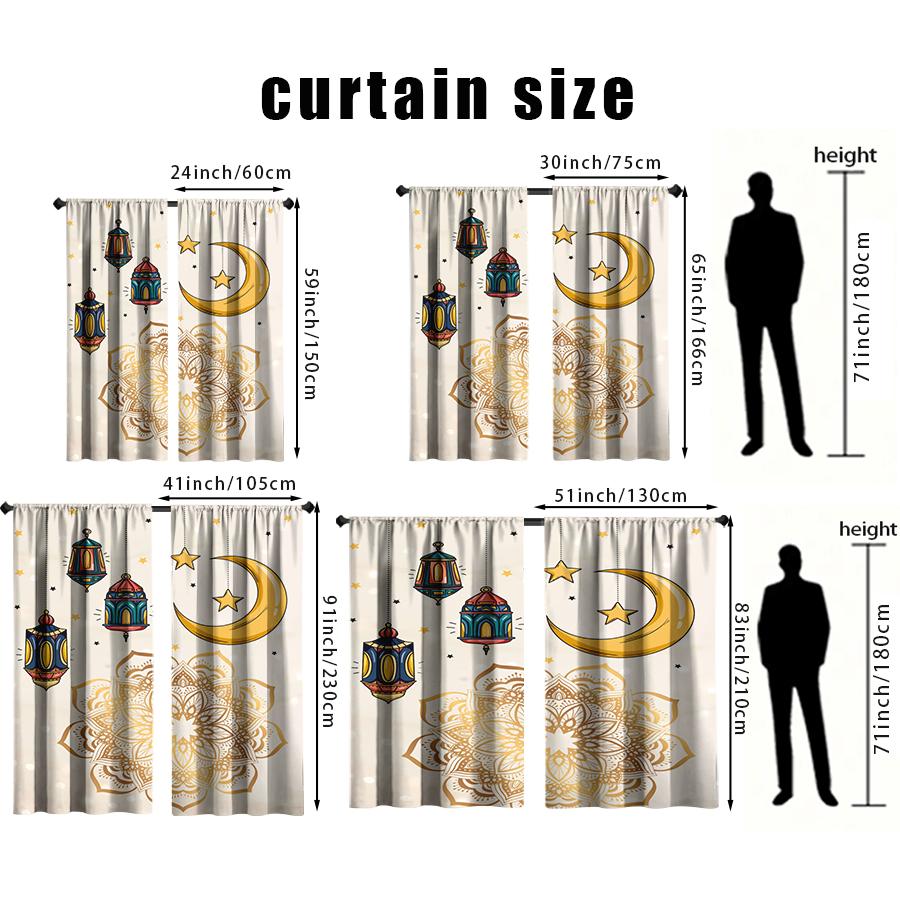 Golden Mandala Floral Curtains Flat Cartoon Lantern Stars Moon Print Polyester Fiber Ramadan Eid Window Decor Curtain Set Of 2 Made Washable