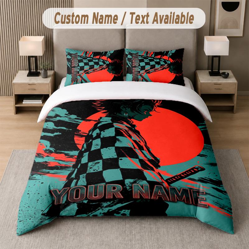 Demon Slayer 3Pcs Bedding Set, Personalized Custom Name Text, 1 Duvet Cover & 2 Pillowcases For Bedroom