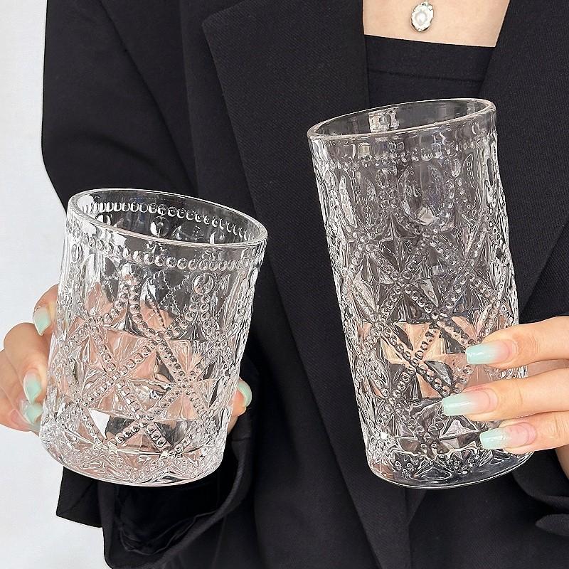Tasse en Verre à Relief Rétro Style Nordique 360ml/380ml Tasses à Cocktail Mojito Transparentes Tasses à Jus Boissons Froides Bouteille d'Eau de Luxe Légère