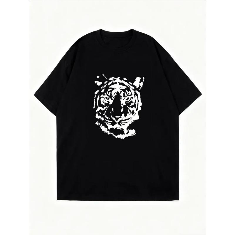 White Crew Neck T Shirt With Tiger Print And Text For Casual Wear