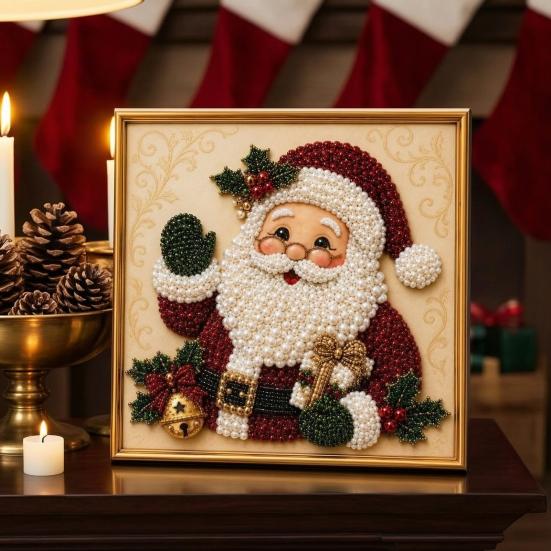 Sparkling 3D Painting Canvas DIY Christmas Faux Pearl Art Kit with Frame, Santa Winter Holiday Theme Craft Supplies Beads for Adults Beginner,