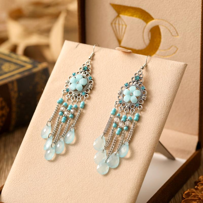 New Flower Water Drop Earrings for Women Retro Boho Long Silver Color Chain Crystal Bead Dangle Earring Ethnic Vacation Jewelry