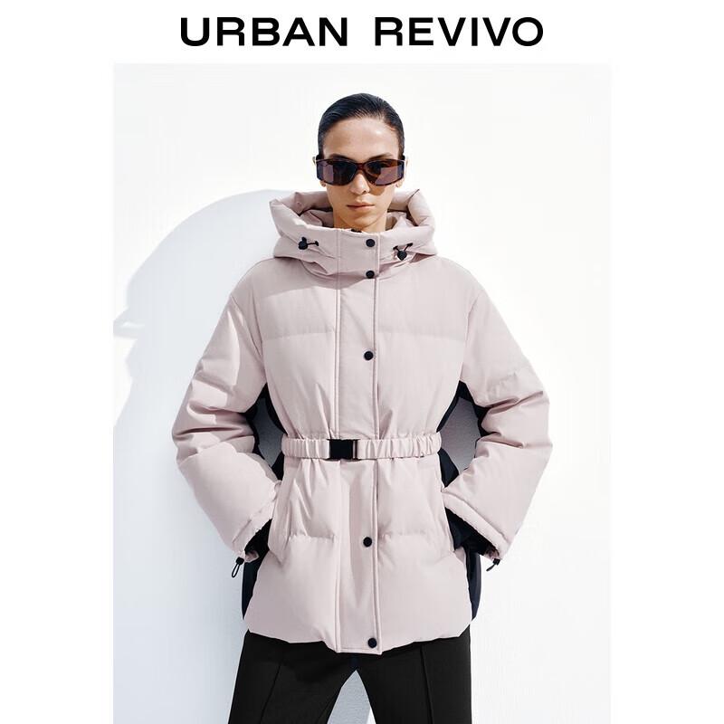 

Женская стеганая пуховая куртка UR с капюшоном, поясом и цветовыми блоками L