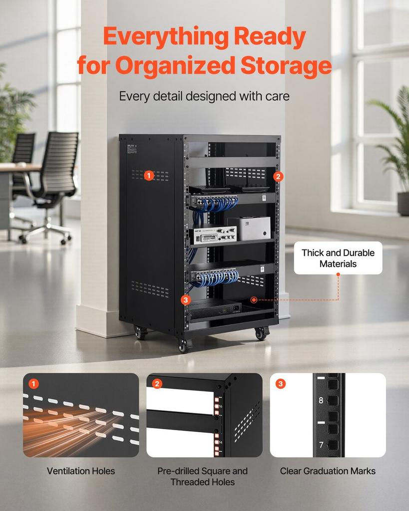 16U AV Rack, 90.7 kg Max Load Capacity, Home Recording Studio Rack with Lockable Caster Wheels, Open Frame Server Cabinet, Special Vent Design, for