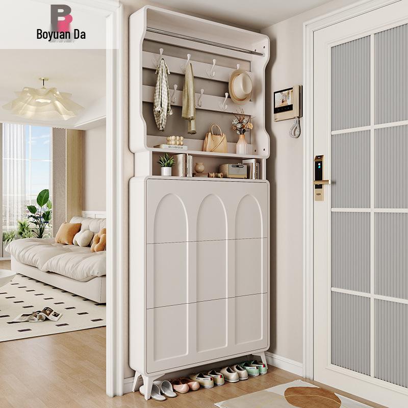 Ultra-Thin Flip-Top Shoe Cabinet & Coat Rack for Entryway Hallway Storage