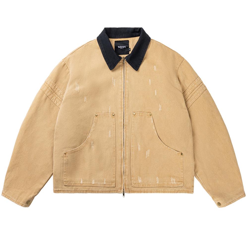 

Unisex Vintage Barn-Style Washed Canvas Workwear Jacket - Boxy Silhouette, Trendy Short Design XXL хакі