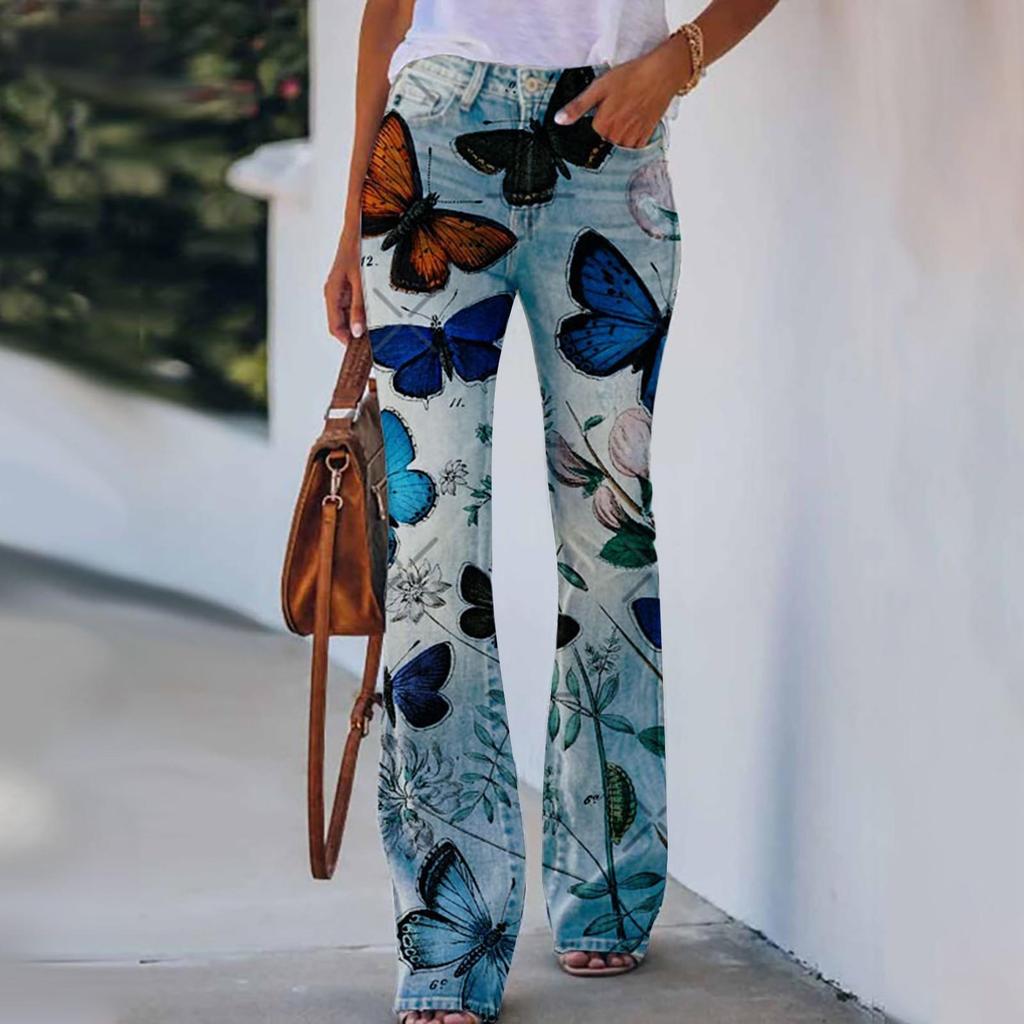 2023 Plus Size European & American Butterfly Faux Denim Micro-flare Pants