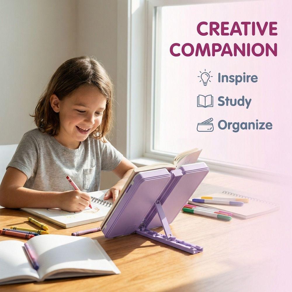 Estantería plegable de doble uso con soporte de lectura ajustable para organizar material de oficina.