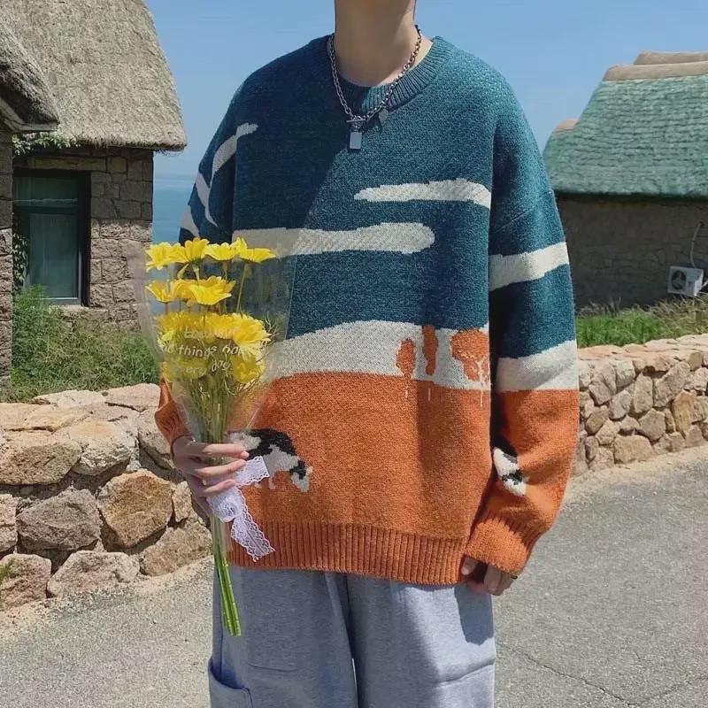 Japanese Trendy Cow Print Knitted Pullover for Men