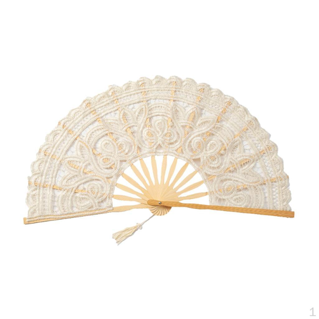 Китайский ручной кружевной веер Ручной работы Свадебные вечеринки Подарки Складной бамбуковый бежевый
