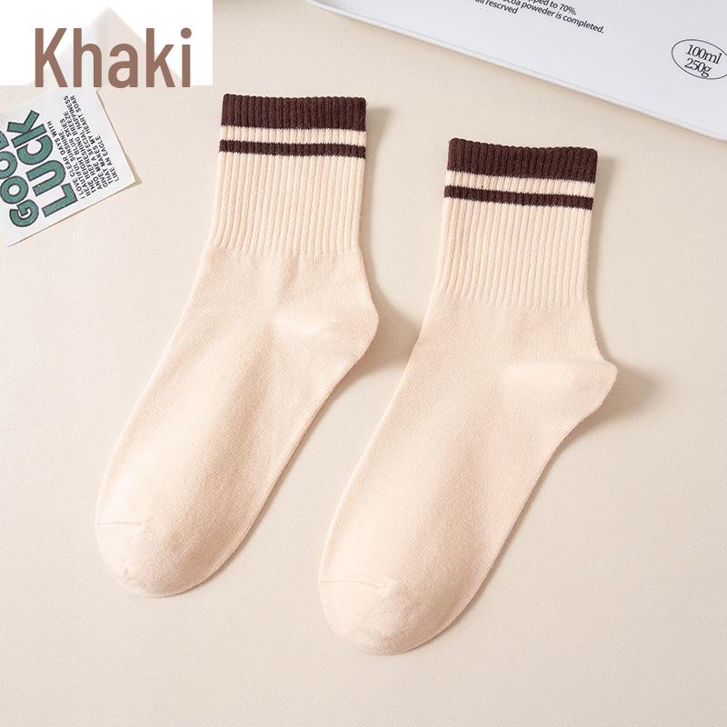 Langsha Women's Thick Striped Mid-Calf Socks for Autumn and Winter - Available in Black, White, Grey, Brown, and Beige.