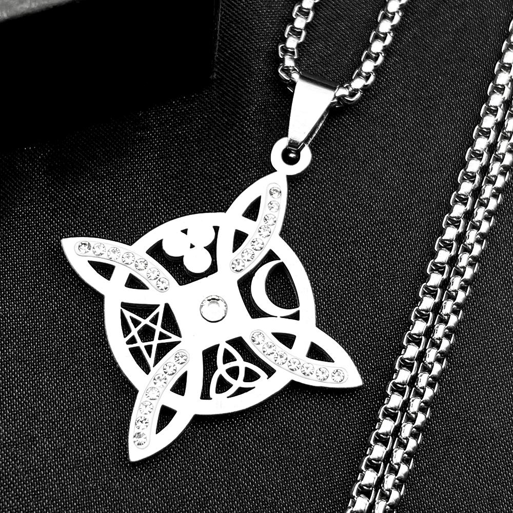 Collana Wicca Strega Nodo Celtico Pentagramma Sole Luna per Donne Uomini Acciaio Inossidabile Strass Amuleti Stregoneria Gioielli a Catena