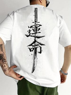 Men's Summer Casual Graphic T-shirt Japanese Samurai Sword and Fate Printed Round Neck Cotton Fashion Casual Trend T-shirt