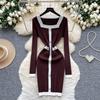 French high-end small fragrance fashionable contrasting colors square neck pearl buckle slim-fit dress women's waist-wrapped hip-wrapped knitted skirt