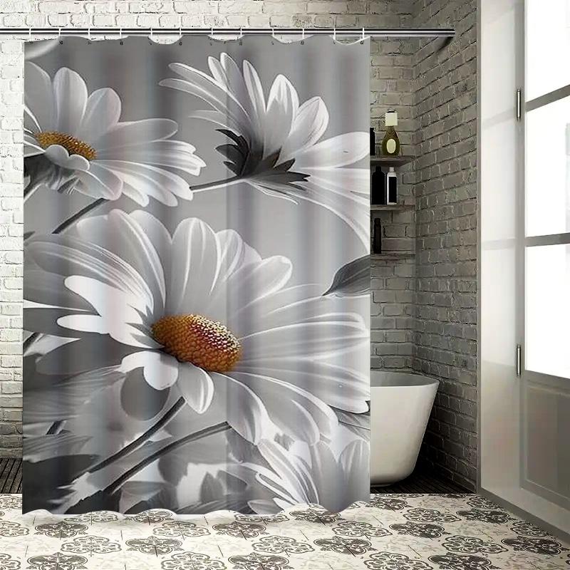 Monochrome Daisies Waterproof Shower Curtain Heat Resistant Machine Washable Non-Transparent 180x180cm