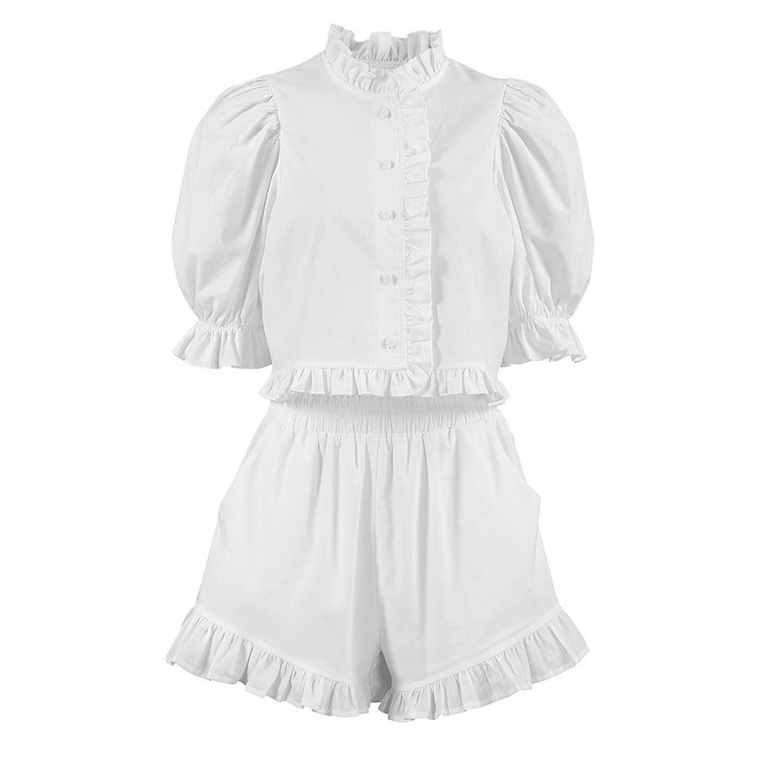 European and American new 1116 autumn commuter suit women's stand-up collar bubble sleeves ruffle edge top shorts casual two-piece set