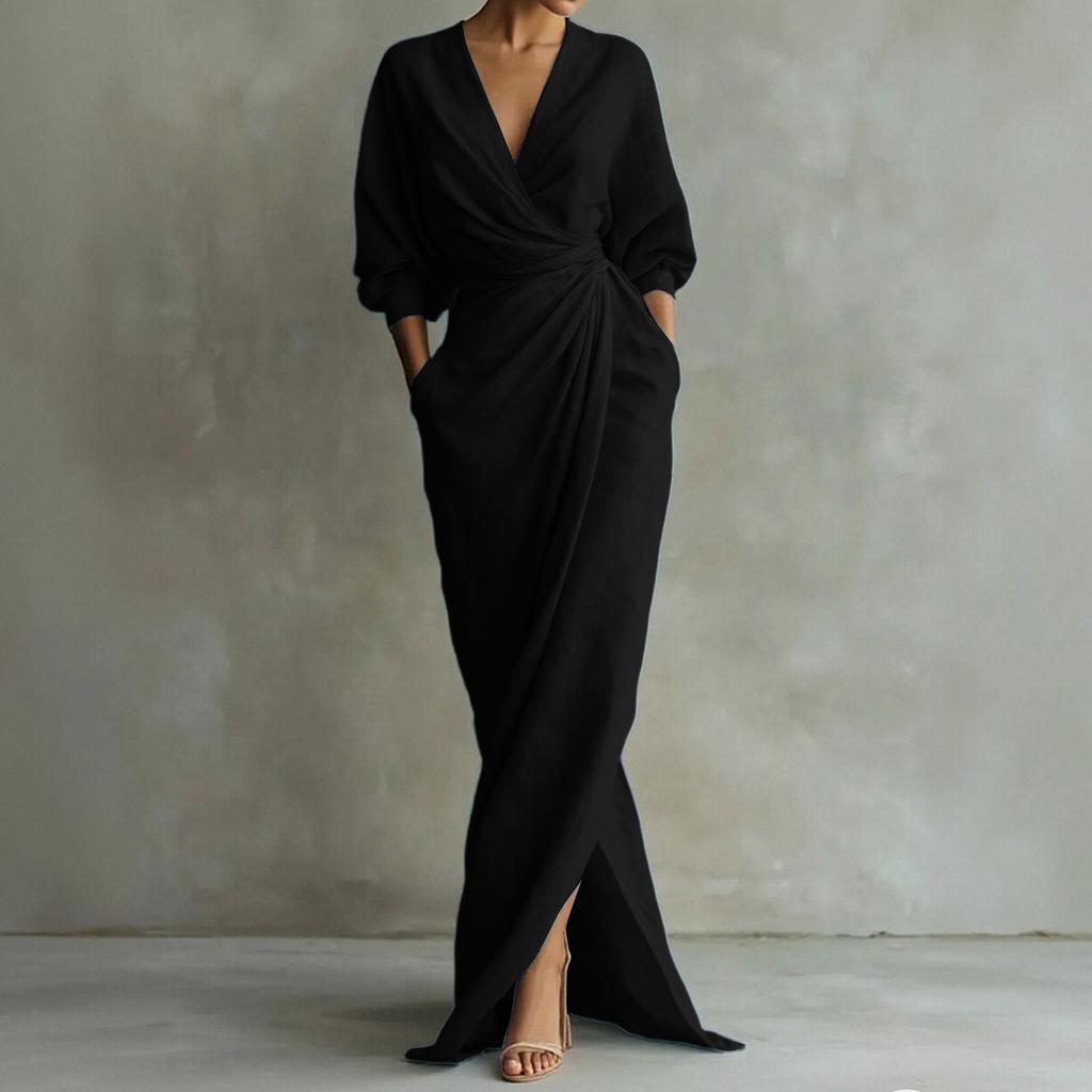 Women's Casual FashionColor V-neck Long Sleeve Slit Waist Pocket Dress