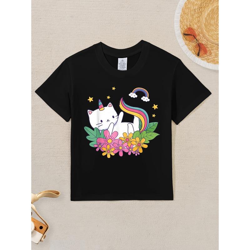 

Европейские размеры Meowgical Caticorn Кошка Единорог Графическая футболка - Милая белая футболка с коротким рукавом и круглым вырезом с дизайном Радуги и Киттикорна 98cm чёрный