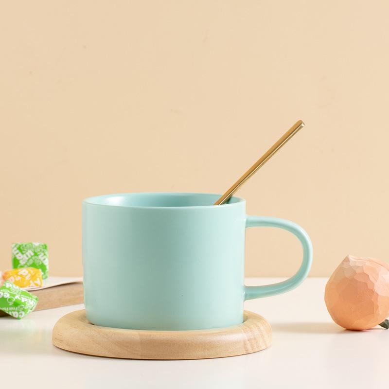 Candy Macaron Ceramic Cup, Water Cup, Coffee Cup With Oak Coaster Spoon.