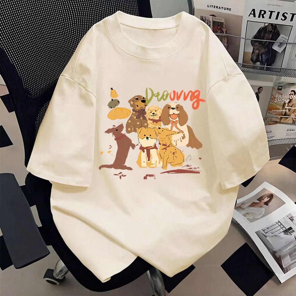 Women Cute Dog Graphic Print Cotton Short Sleeve T-Shirt Loose Oversized Round Neck Basic Tee Plus Size Casual Summer Tops