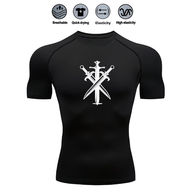 Men's Compression Shirt Quick Dry Navy Blue Gym T-Shirt Three Crossed Swords Print Workout Sportswear