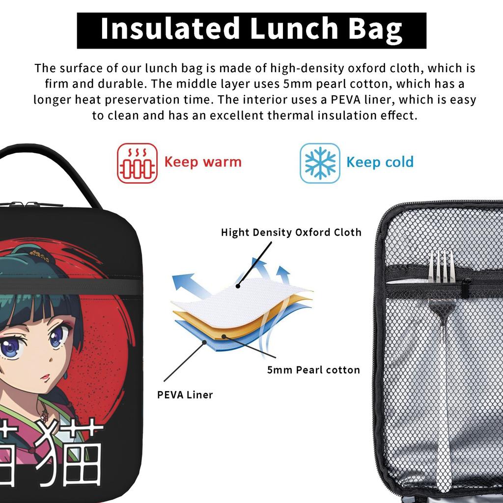 Sacs à déjeuner isothermes Maomao Anime Grands Les Carnets de l'Apothicaire Contenant repas Sac thermique Boîte à lunch Sac fourre-tout Sacs de stockage alimentaire