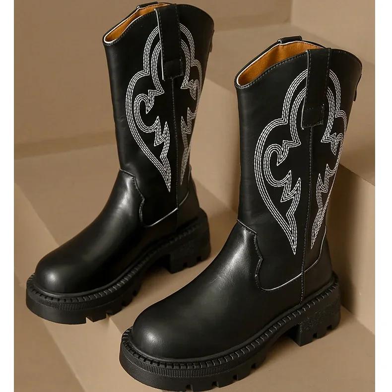 Embroidered Cowboy For Women New  Round Toe Platform Boots Retro Classic Western Cowgirl Trendy Mid-Calf