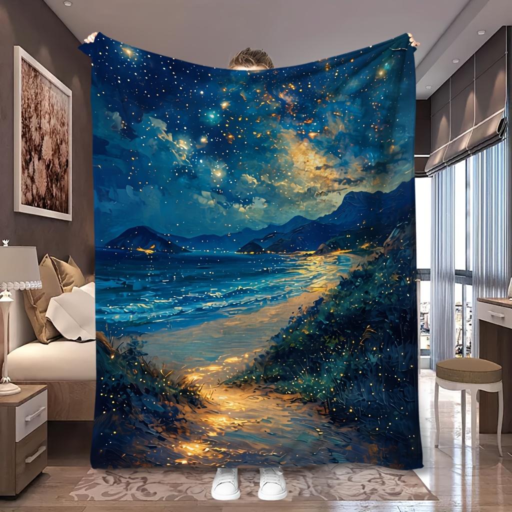 1pc Starry Beach Glowing Coast Night Print Flannel Blanket, Comfortable And Portable, Suitable for Blankets, Bed Covers, Bedroom, Picnic, And Camping,