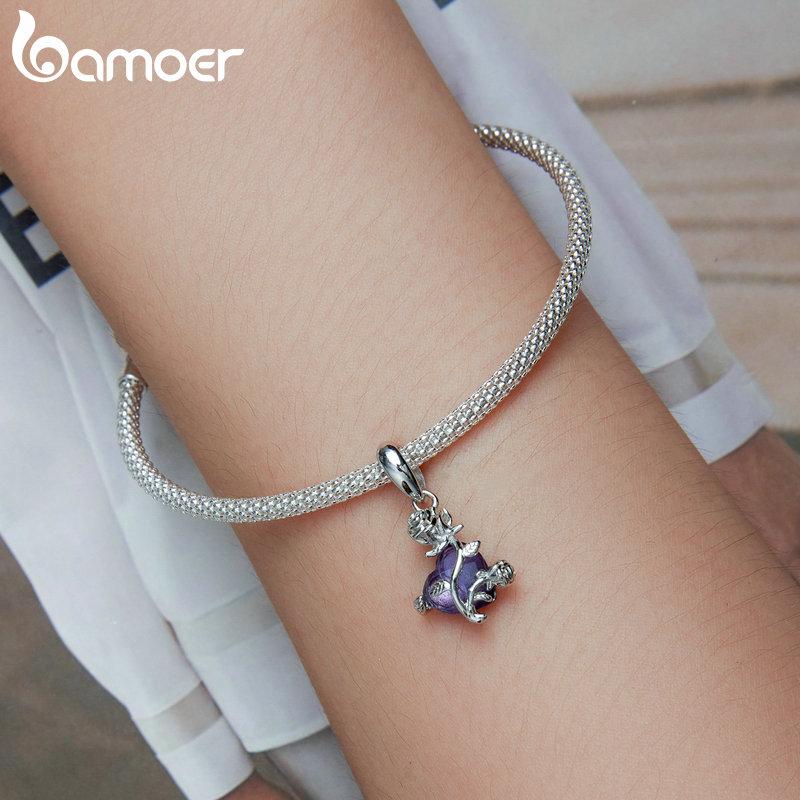 Bamoer 925 Sterling Sølv Romantisk Lilla Zirkon Rose Hengende Anheng Charms passer DIY Lagingsarmbånd & Armring Fint Smykke