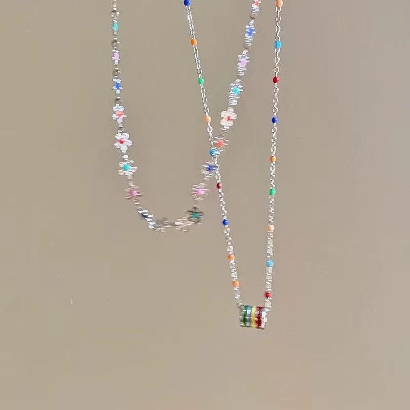 Color Beaded Small Flower Necklace Women'S Summer Temperament Collarbone Chain Versatile Girlfriend Neck Chain