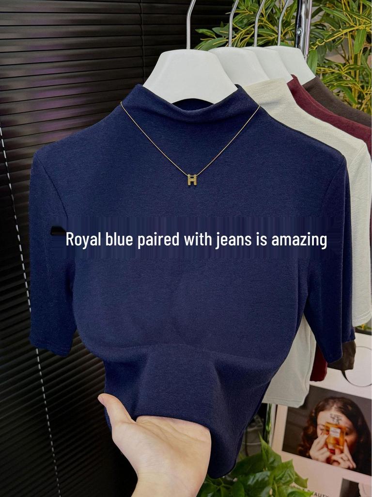 Women's Black Ribbed Three-Quarter Sleeve Slim-Fit Half-High Neck T-Shirt for Spring/Autumn 2025