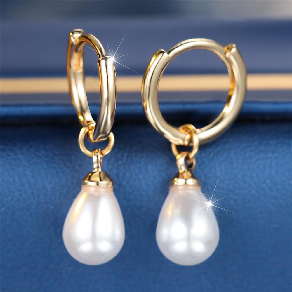 Pendientes de Aro con Piedra Blanca Perla Gota de Agua Vintage Moda Color Oro Plata Boda Para Mujeres
