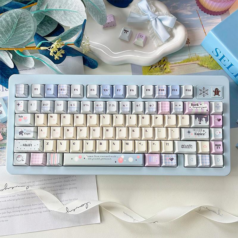 Micro Drunk Bubble Cherry Pbt Keycaps Cherry Theme Cute Pink Girl 129Keys Blue And White Double Spliced Keycaps