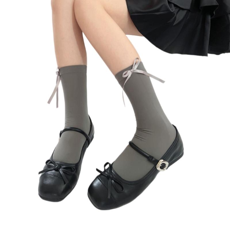 Ballett Elegante Samt Over-the-Calf Lange Socken für Damen Mädchen Süße Band Schleife Einfarbig Oberschenkelhohe Strümpfe