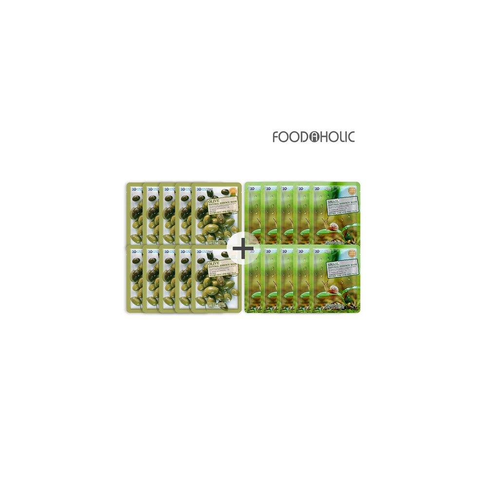 (20 Sheets/olive + Snail) Food 3D Natural Essence Mask Pack