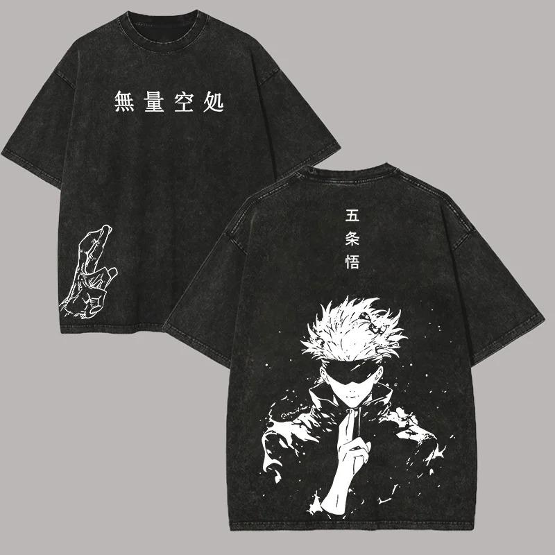 Jujutsu Kaisen Anime Gojo Satoru Graphic Print Tshirt Cotton Women Men Vintage Washed Harajuku Tees Loose Casual Oversized Tops