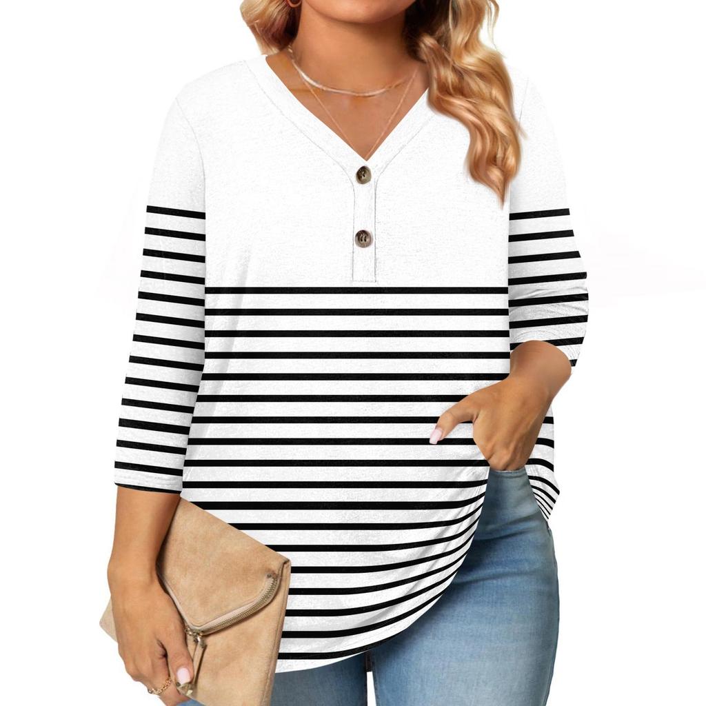 Womens 3/4 Length Sleeve Tops Plus Size Button Down V Neck Shirts Blouses Casual Printing Loose