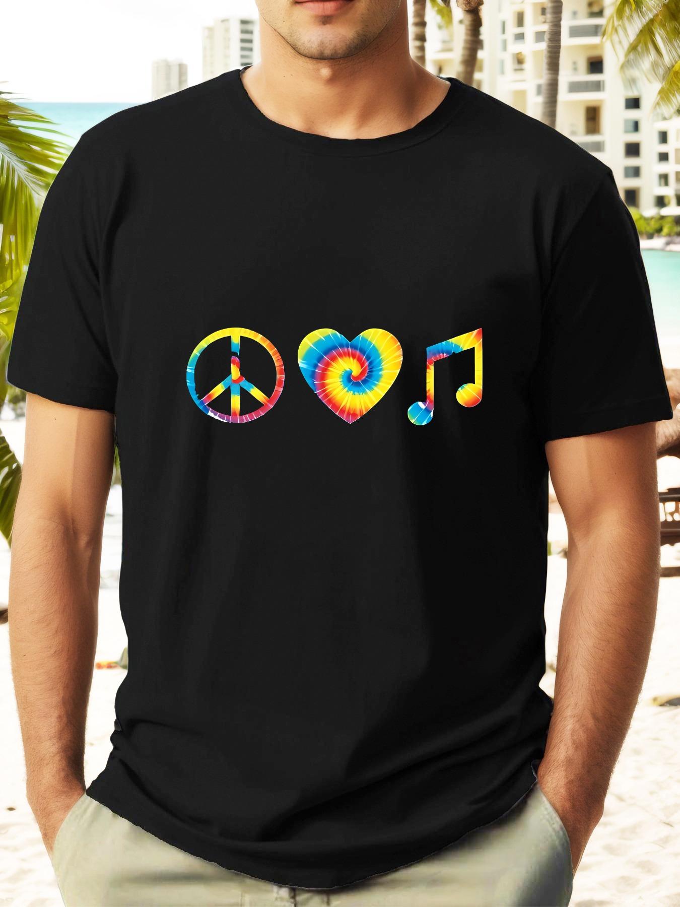 

Peace & Love Music Graphic T-shirt - Vibrant Summer Casual Short Sleeve Tee with Colorful Peace Signs Design XXXXL