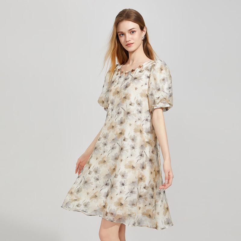 Beaded Neckline Ink Wash Print Short-Sleeve Dress M