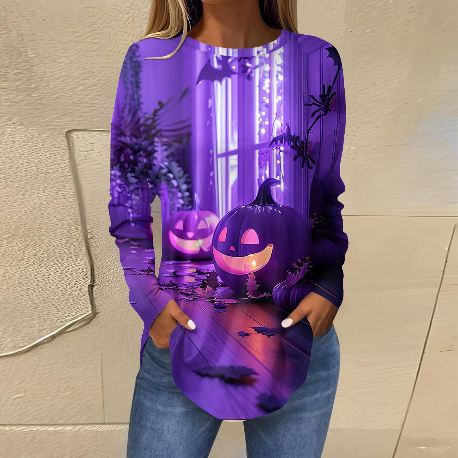 Женская свободная футболка с длинным рукавом с круглым вырезом и принтом — фото 4