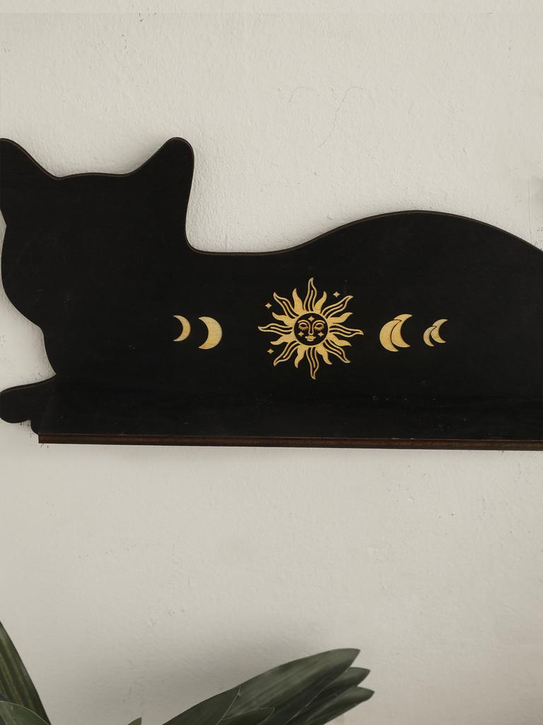 Black Cat Wooden Shelf Moon Phase Chakra Crystal Stone Display Stand Wall Shelf  Witch Home Decor Gothic Room Decor Home Bedroom