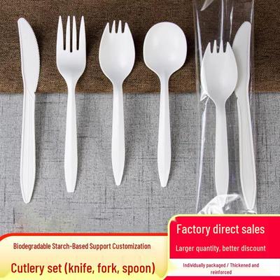 Eco-Friendly Disposable Starch Cutlery Set: Knife, Fork, Spoon - Individually Packaged 3-Piece Customizable Set.